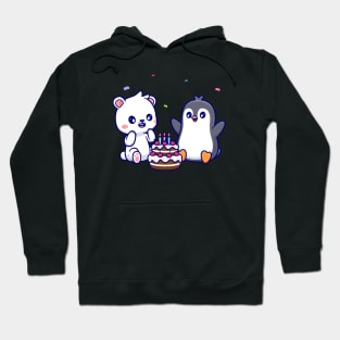 Cute Polar Bear And Penguin With Birthday Cake Cartoon Hoodie